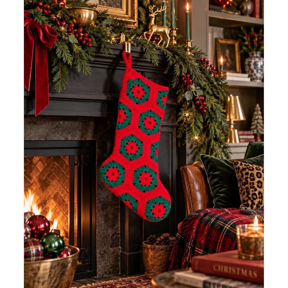 VTG Handmade Crochet Christmas Stocking Red Green Granny Hexagon Retro Holiday